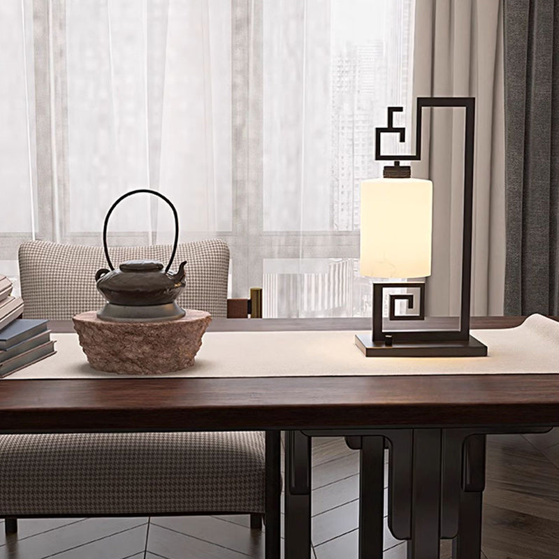 Traditional Chinese Cylinder Iron Glass 1-Light Table Lamp For Living Room