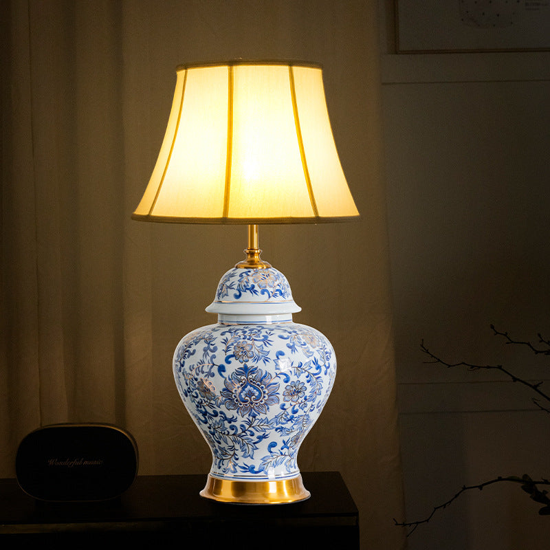 Traditional Chinese Drum Ceramic Fabric 1-Light Table Lamp For Living Room