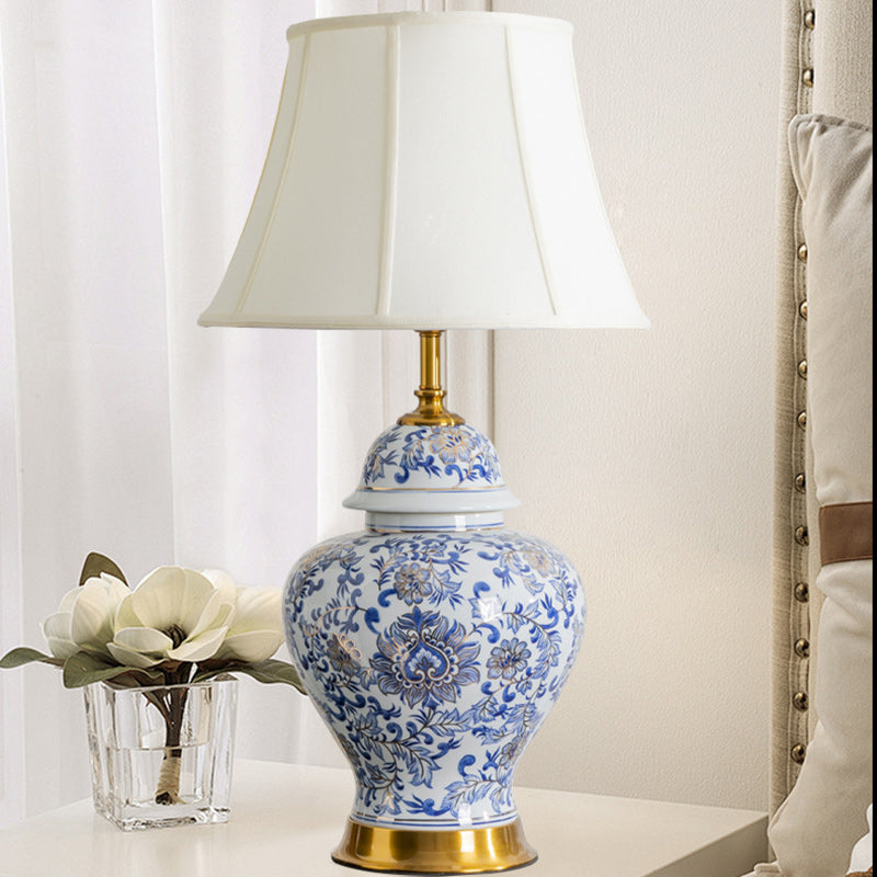 Traditional Chinese Drum Ceramic Fabric 1-Light Table Lamp For Living Room