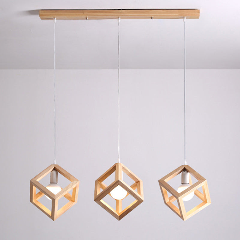 Contemporary Scandinavian Cube Wood Glass 1/3-Light Pendant Light For Living Room