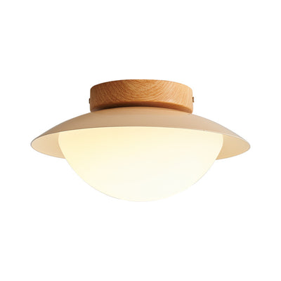 Traditional Japanese Round Wood Iron Plastic LED Semi-Flush Mount Ceiling Light For Dining Room