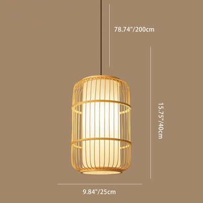 Traditional Chinese Column Iron Bamboo Paper 1-Light Pendant Light For Living Room