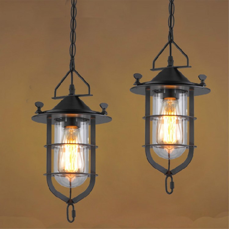 Traditional Rustic Cylinder Iron Glass 1-Light Pendant Light For Living Room