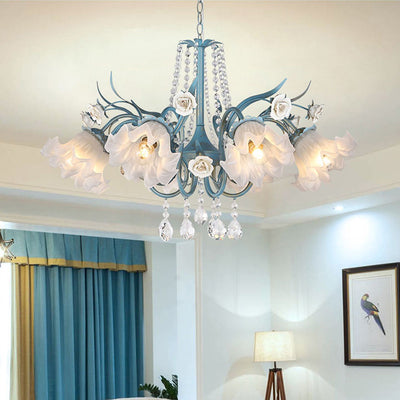 Traditional European Flower Iron Crystal Glass 3-Light Chandelier For Living Room