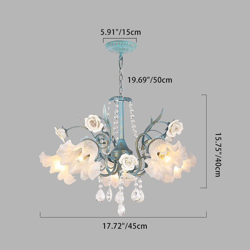 Traditional European Flower Iron Crystal Glass 3-Light Chandelier For Living Room