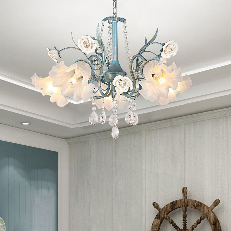 Traditional European Flower Iron Crystal Glass 3-Light Chandelier For Living Room