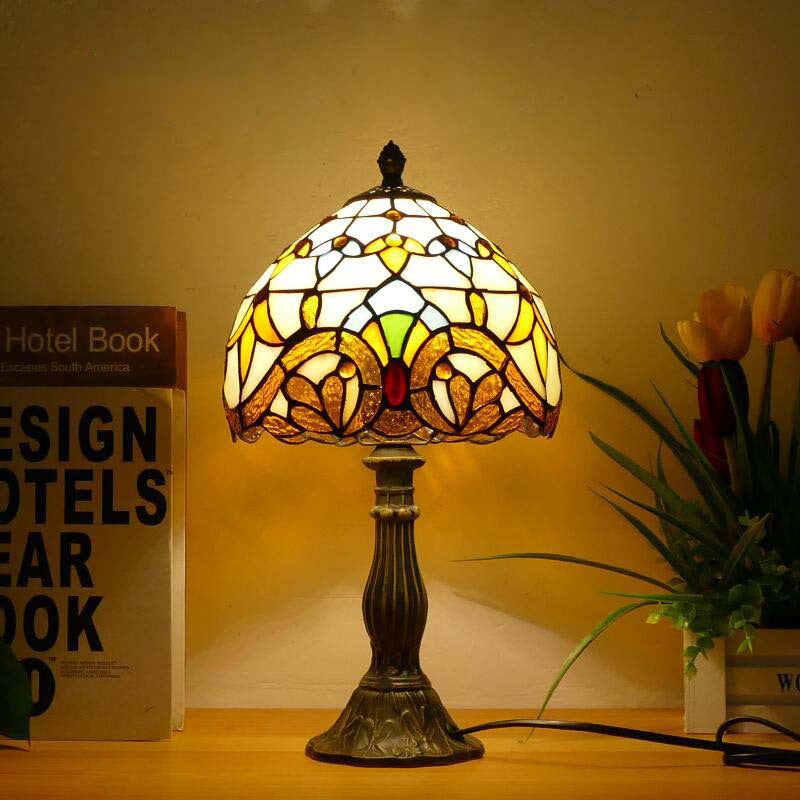 Traditional Tiffany Dome Iron Glass 1-Light Table Lamp For Living Room