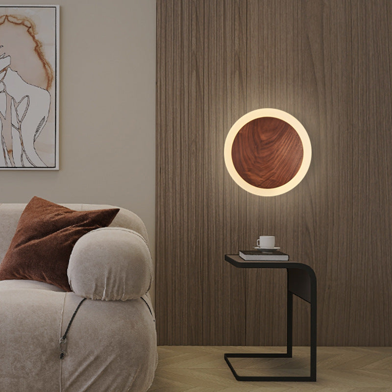 Contemporary Nordic Round Wood Acrylic LED Wall Sconce Lamp For Living Room