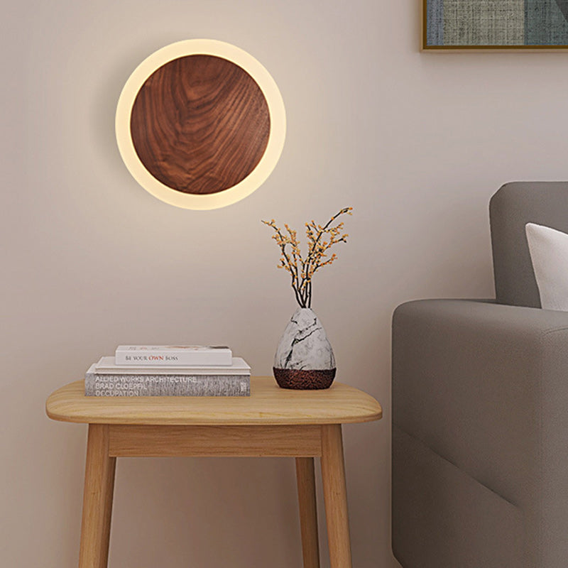 Contemporary Nordic Round Wood Acrylic LED Wall Sconce Lamp For Living Room