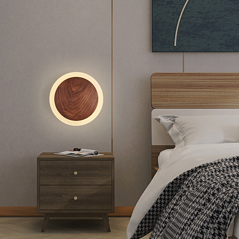 Contemporary Nordic Round Wood Acrylic LED Wall Sconce Lamp For Living Room