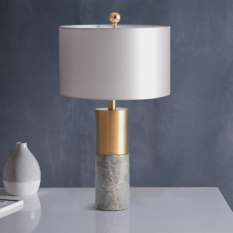 Modern Minimalist Cylinder Marble Fabric 1-Light Table Lamp For Living Room