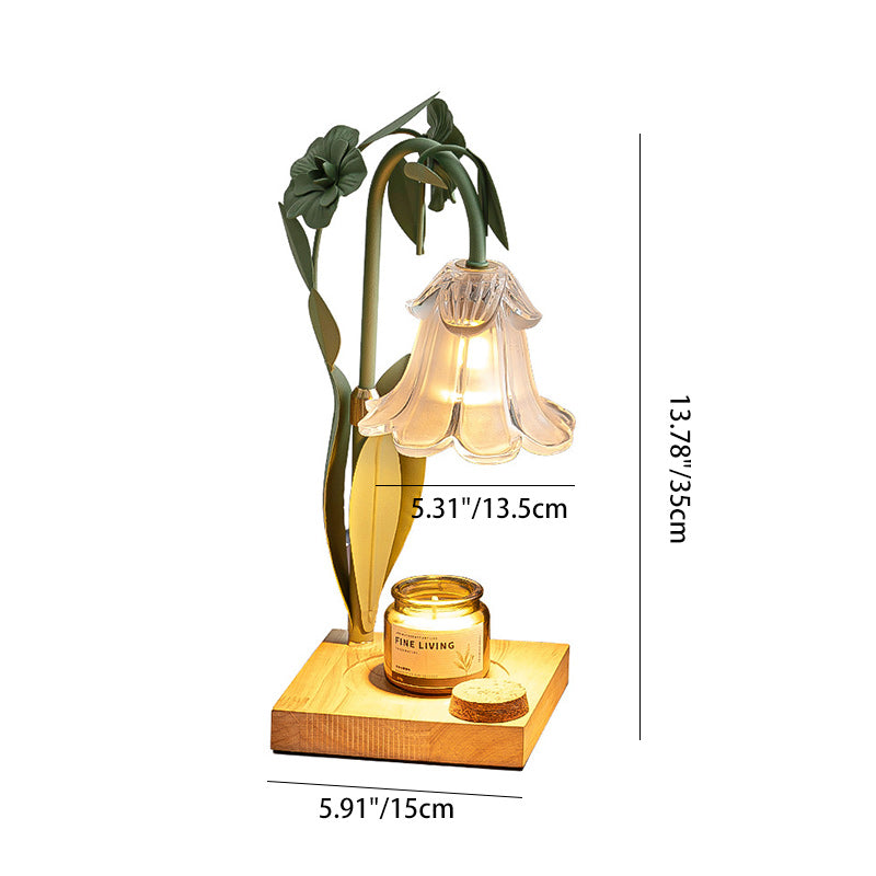 Contemporary Scandinavian Flower Iron Wood Glass 1-Light Melting Wax Table Lamp For Living Room