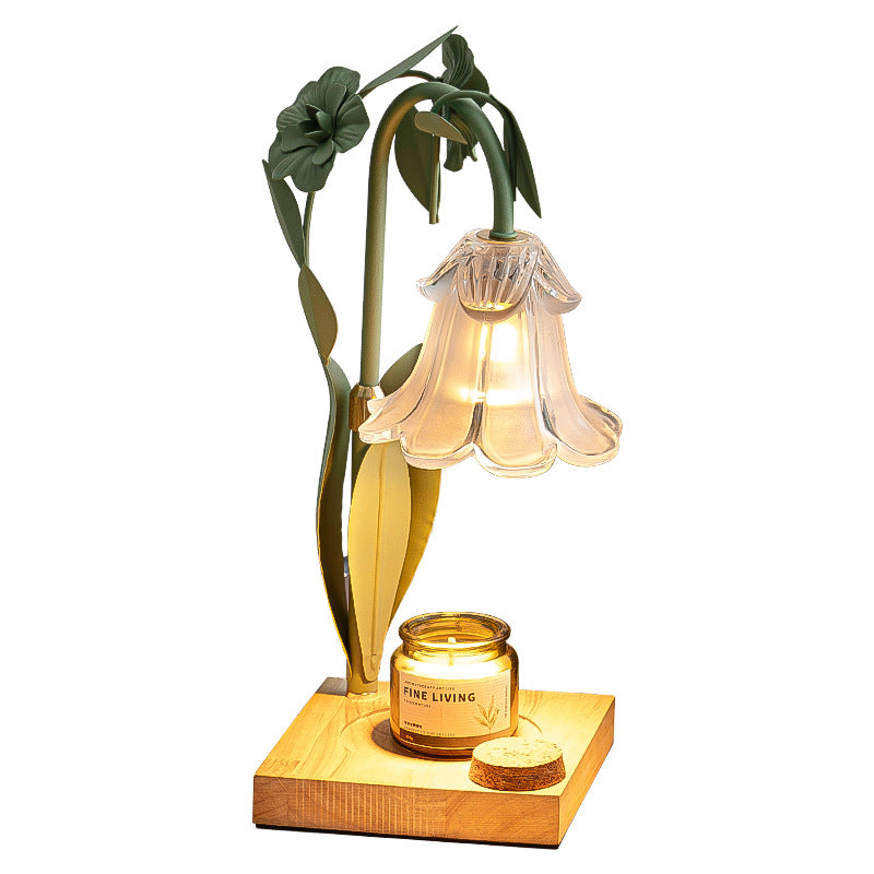 Contemporary Scandinavian Flower Iron Wood Glass 1-Light Melting Wax Table Lamp For Living Room