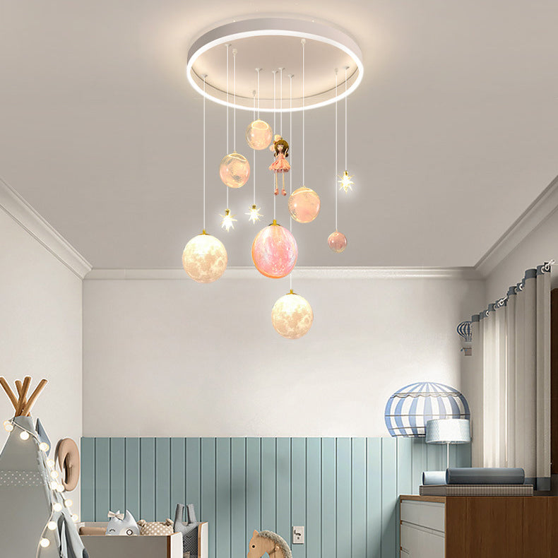 Contemporary Creative Astronaut Little Girl Silicone Iron Resin 6- Light Flush Mount Ceiling Light For Living Room