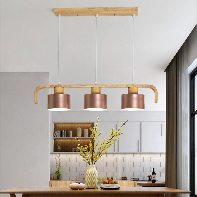 Contemporary Nordic Cylinder Iron Wood 3/4-Light Chandeliers Island Light For Dining Room