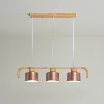 Contemporary Nordic Cylinder Iron Wood 3/4-Light Chandeliers Island Light For Dining Room