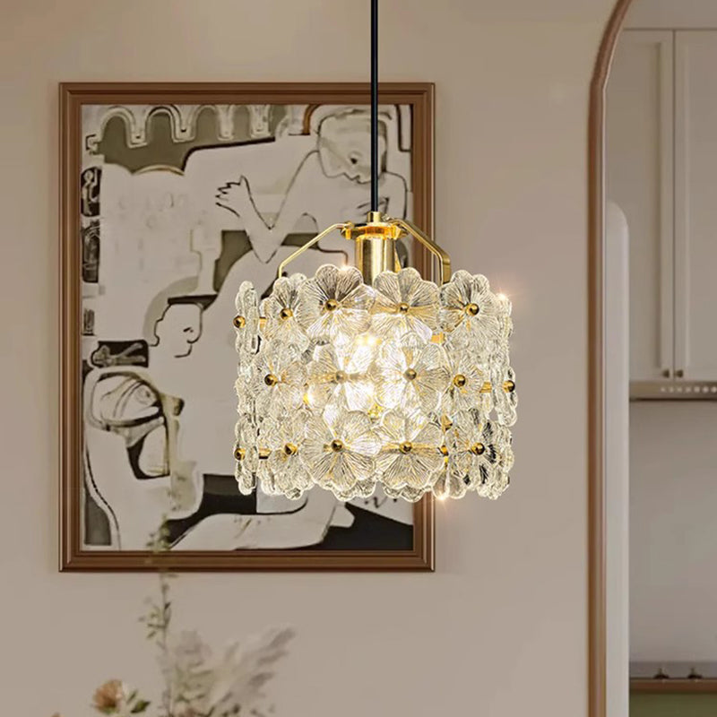 Traditional French Flower Petal Round Hardware Glass 1-Light Pendant Light For Bedroom