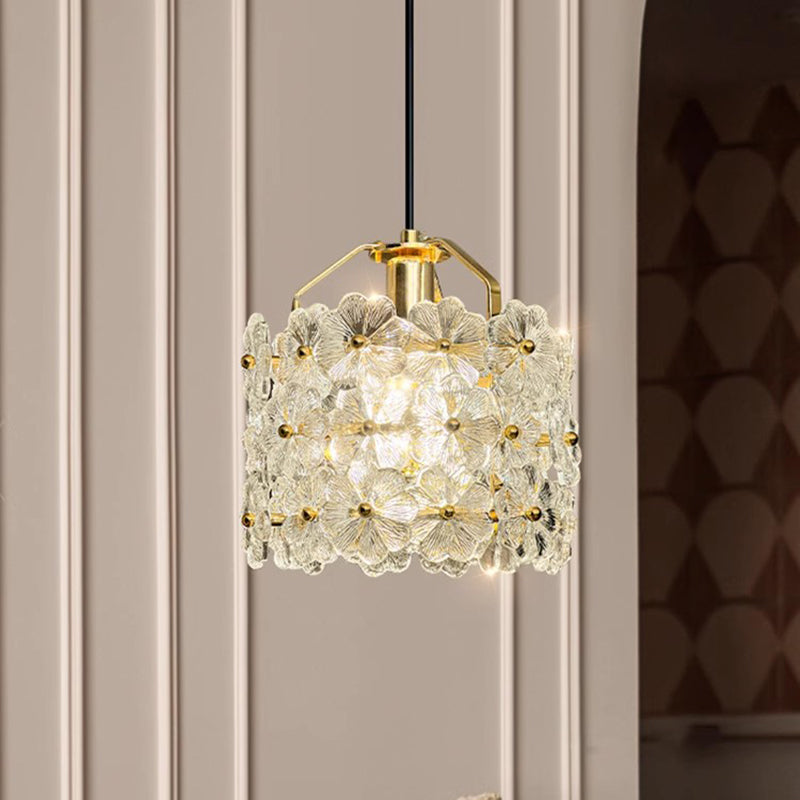 Traditional French Flower Petal Round Hardware Glass 1-Light Pendant Light For Bedroom