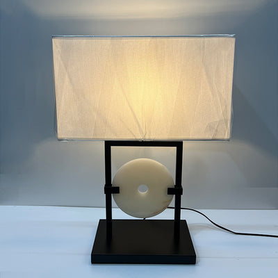 Traditional Chinese Rectangular Frame Hardware Marble Fabric 1-Light Table Lamp For Bedroom