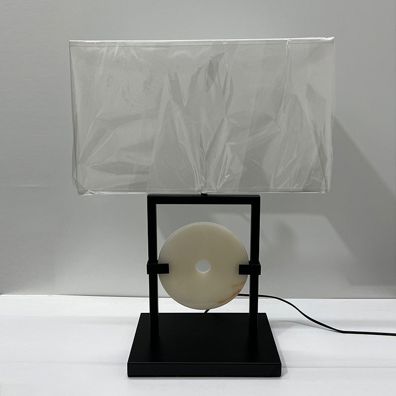 Traditional Chinese Rectangular Frame Hardware Marble Fabric 1-Light Table Lamp For Bedroom