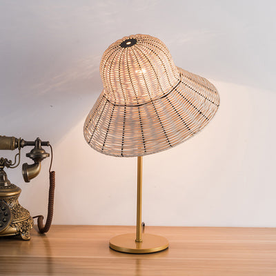 Contemporary Boho Hat Shape Rattan Metal 1-Light Table Lamp For Bedroom