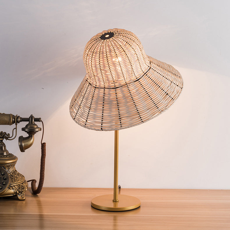 Contemporary Boho Hat Shape Rattan Metal 1-Light Table Lamp For Bedroom