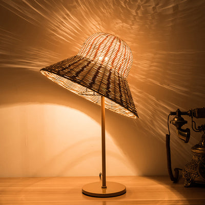 Contemporary Boho Hat Shape Rattan Metal 1-Light Table Lamp For Bedroom