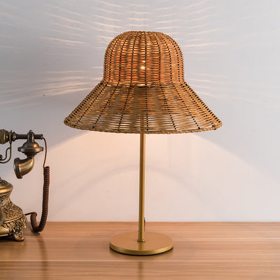 Contemporary Boho Hat Shape Rattan Metal 1-Light Table Lamp For Bedroom