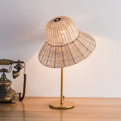 Contemporary Boho Hat Shape Rattan Metal 1-Light Table Lamp For Bedroom