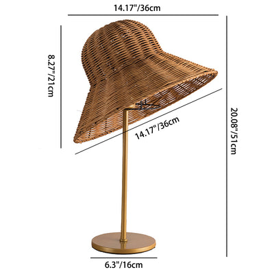 Contemporary Boho Hat Shape Rattan Metal 1-Light Table Lamp For Bedroom