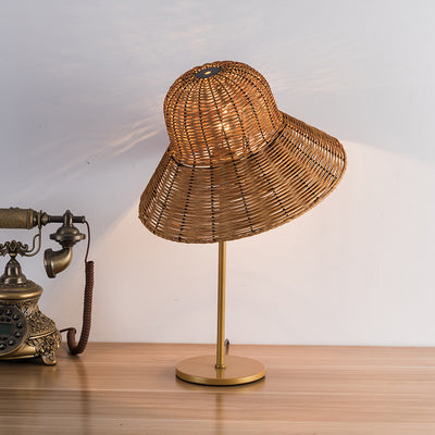 Contemporary Boho Hat Shape Rattan Metal 1-Light Table Lamp For Bedroom