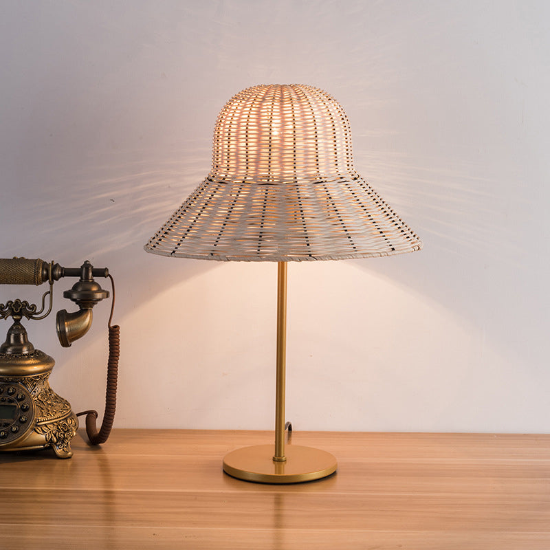 Contemporary Boho Hat Shape Rattan Metal 1-Light Table Lamp For Bedroom