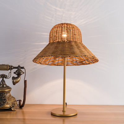 Contemporary Boho Hat Shape Rattan Metal 1-Light Table Lamp For Bedroom