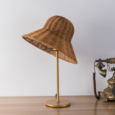 Contemporary Boho Hat Shape Rattan Metal 1-Light Table Lamp For Bedroom