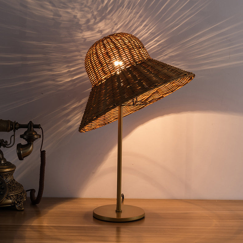 Contemporary Boho Hat Shape Rattan Metal 1-Light Table Lamp For Bedroom