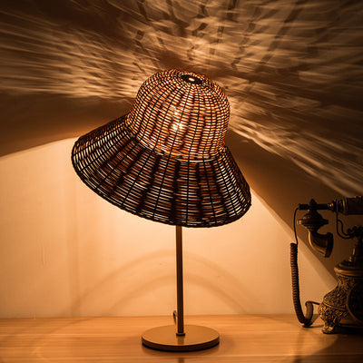 Contemporary Boho Hat Shape Rattan Metal 1-Light Table Lamp For Bedroom