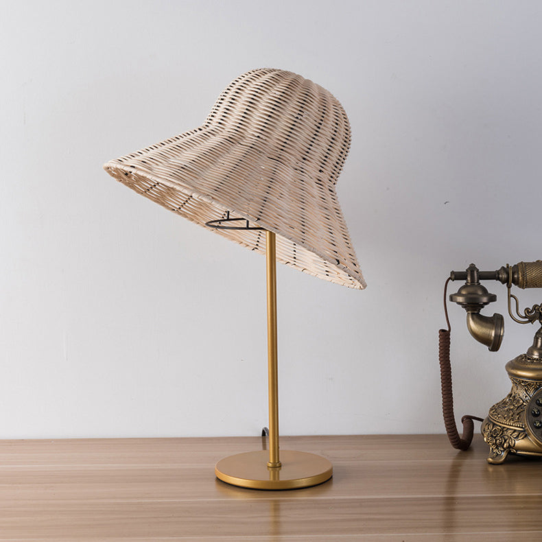 Contemporary Boho Hat Shape Rattan Metal 1-Light Table Lamp For Bedroom