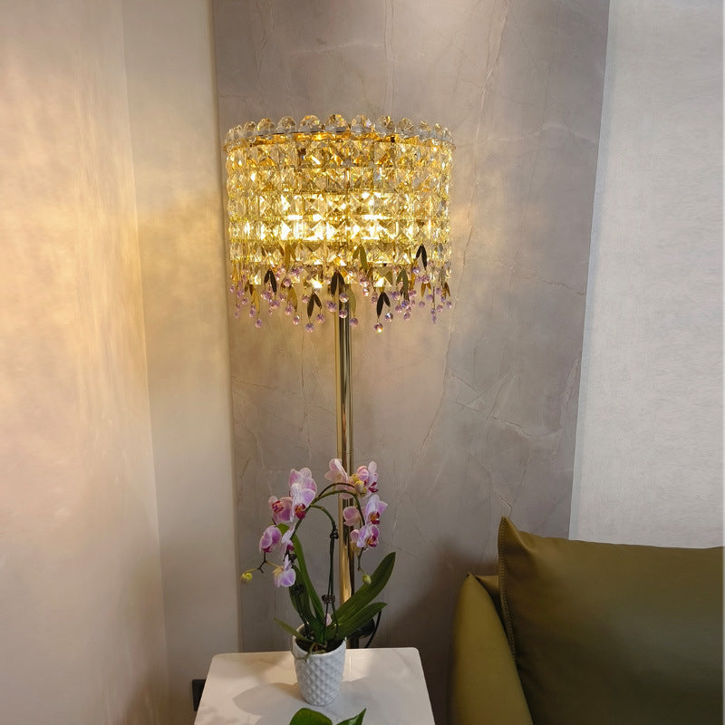 Traditional Luxury Round Crystal Stainless Steel Iron 1-Light Standing Floor Lamp For Bedroom