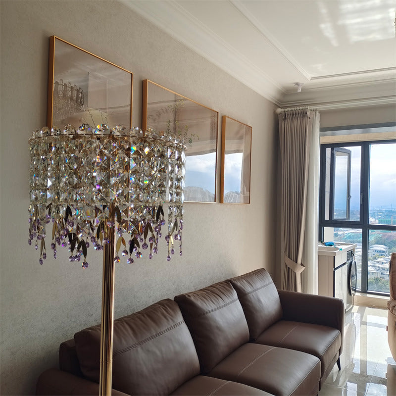 Traditional Luxury Round Crystal Stainless Steel Iron 1-Light Standing Floor Lamp For Bedroom