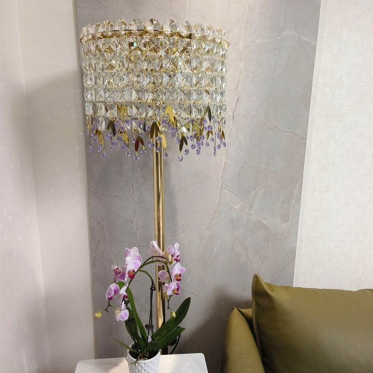 Traditional Luxury Round Crystal Stainless Steel Iron 1-Light Standing Floor Lamp For Bedroom