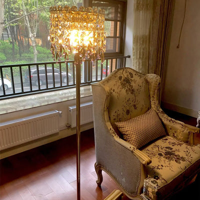 Traditional Luxury Round Crystal Stainless Steel Iron 1-Light Standing Floor Lamp For Bedroom