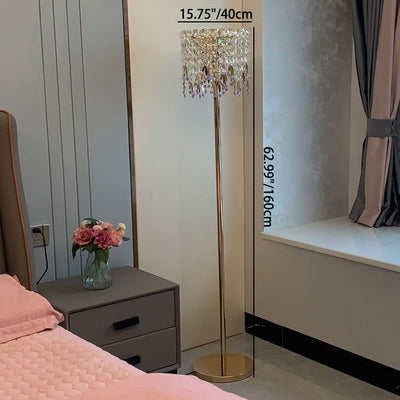 Traditional Luxury Round Crystal Stainless Steel Iron 1-Light Standing Floor Lamp For Bedroom