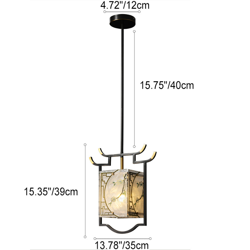 Traditional Chinese Lantern Square Glazed Painting Copper Glass 1-Light Pendant Light For Bedroom