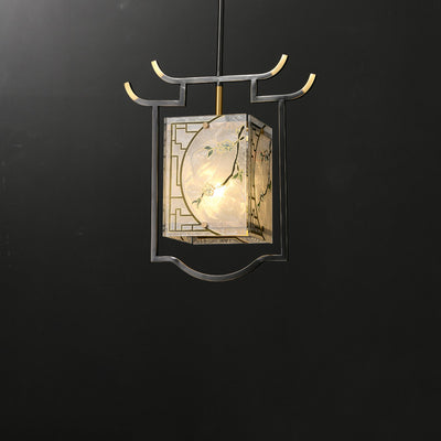 Traditional Chinese Lantern Square Glazed Painting Copper Glass 1-Light Pendant Light For Bedroom