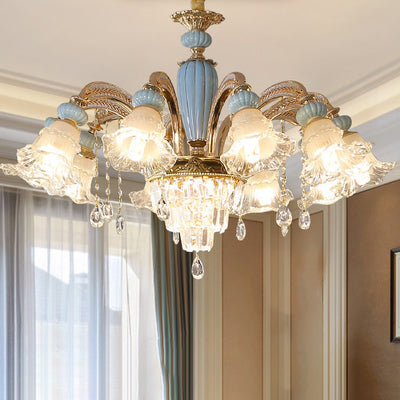 Traditional European Flower Zinc Alloy Crystal Glass Ceramic 6/8/10/12 Light Chandelier For Living Room