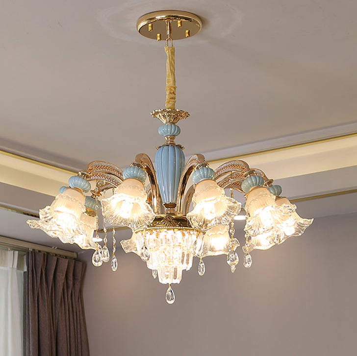 Traditional European Flower Zinc Alloy Crystal Glass Ceramic 6/8/10/12 Light Chandelier For Living Room