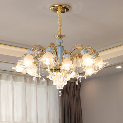 Traditional European Flower Zinc Alloy Crystal Glass Ceramic 6/8/10/12 Light Chandelier For Living Room