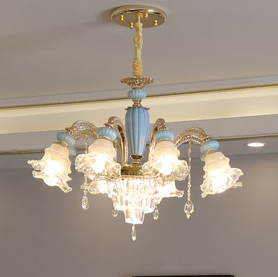 Traditional European Flower Zinc Alloy Crystal Glass Ceramic 6/8/10/12 Light Chandelier For Living Room