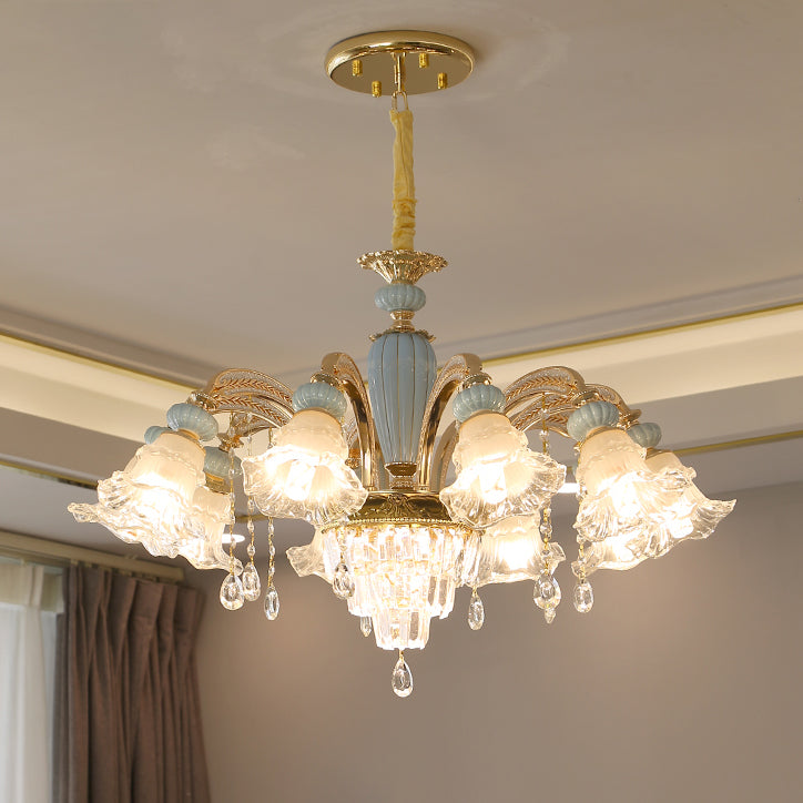 Traditional European Flower Zinc Alloy Crystal Glass Ceramic 6/8/10/12 Light Chandelier For Living Room