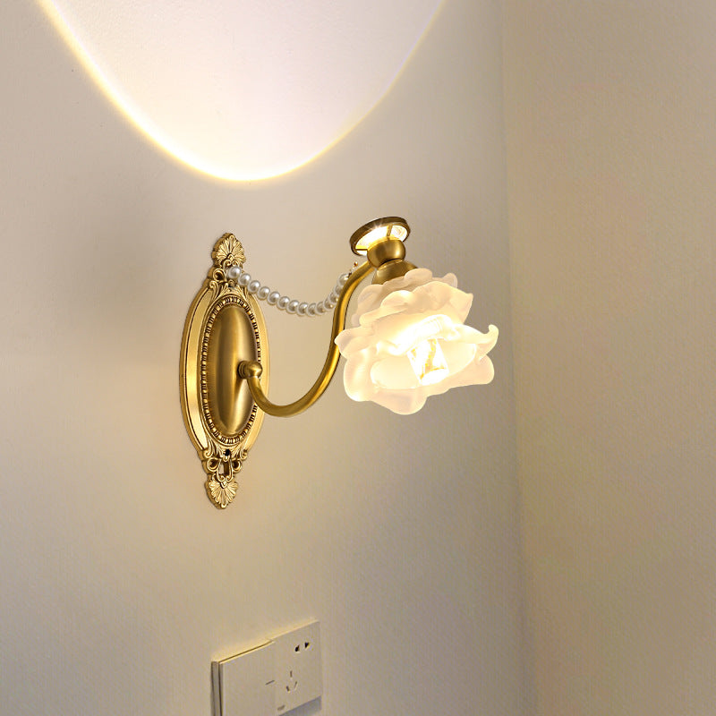 Contemporary Retro Flower Copper Glass 1-Light Wall Sconce Lamp For Bedroom